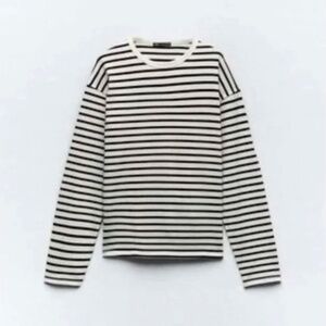 ZARA Black and White Stripped Long Sleeve Oversize Top T Shirt Sweatshirt Size S